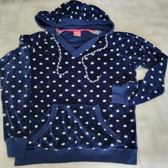 Jenni Intimates Polka Dot Velour Lounge Wear Set Hoodie & Pant Set L EUC Navy - Picture 2 of 16